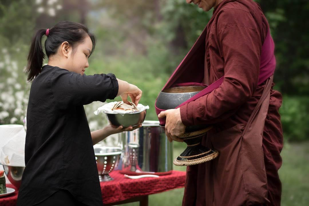 Bhante Ānanda Receiving Alms Traditionally at HeartDhamma Hermitage at kuti Pūjā, Nelson BC Blewett